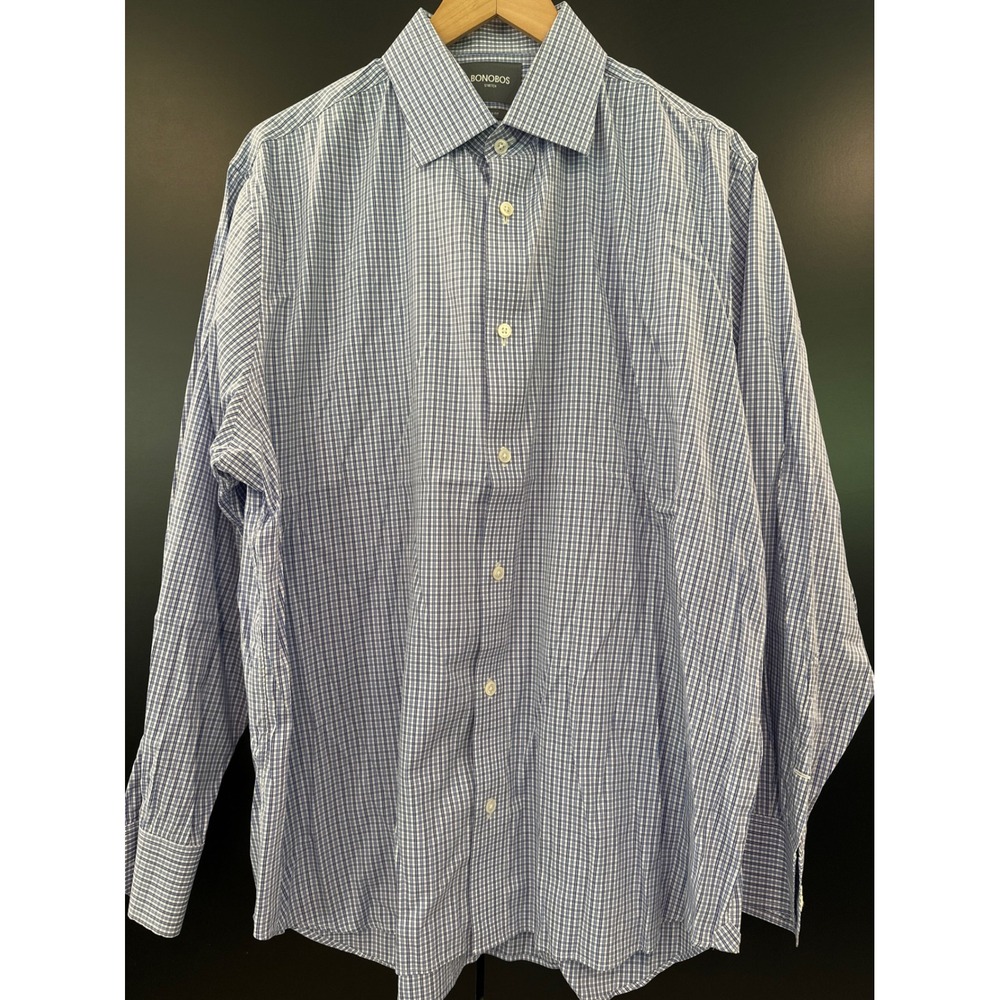 Bonobos Stretch Dress Shirt Mens 17 x 35 Standard Fit‎ Blue Gingham Check L/S